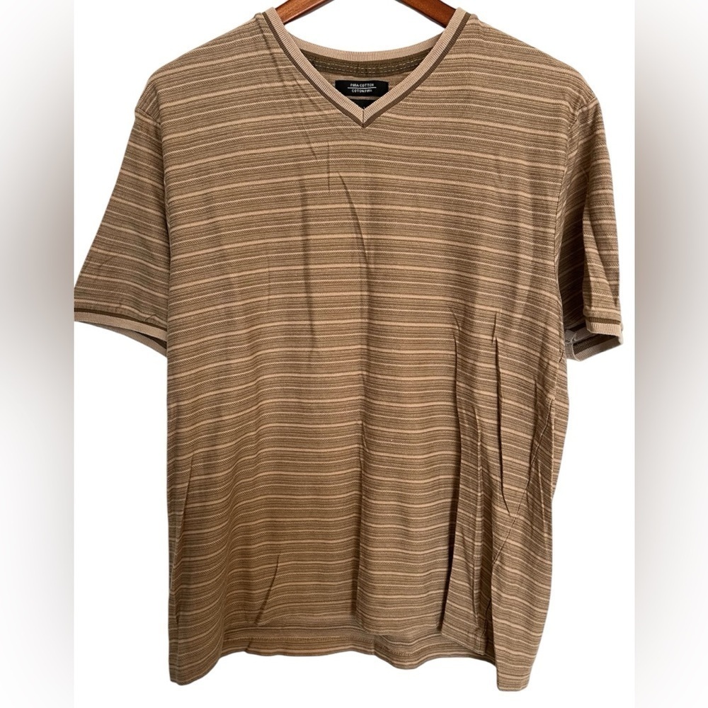 Pierre Cardin Pima Cotton Men's Striped V-Neck T-Shirt Brown size medium